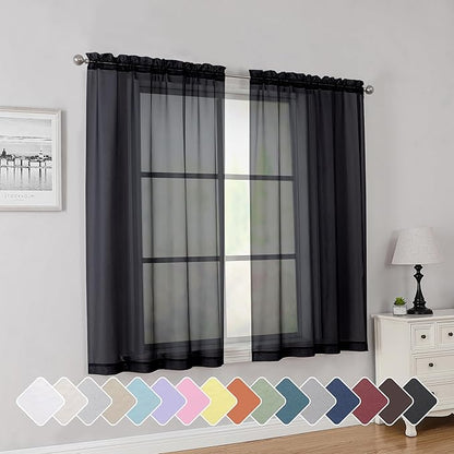 Simplebrand Rod Pocket Top Solid Voile Sheer Curtains for Bedroom, 54 Inch Length Drapes Set of 2, Lightweight and Light Filtering Elegant Black Curtains Panels Window Treatment, 42W×54L, Black