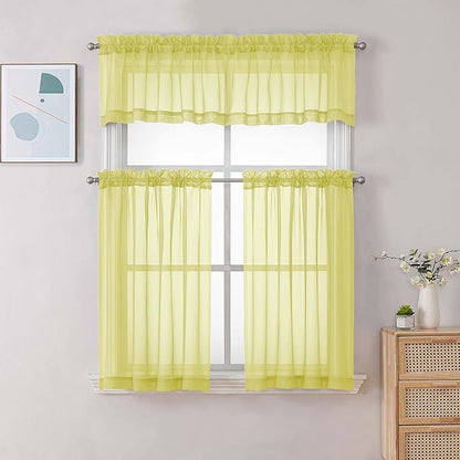 Chyhomenyc Sheer Valances for Windows, Light Filtering Small Window Curtains for Living Room Bathroom Cafe Laundry Basement, Modern Top Dual Rod Pocket Voile Curtain, 42Wx14L inches, Lemon, 2 Pieces