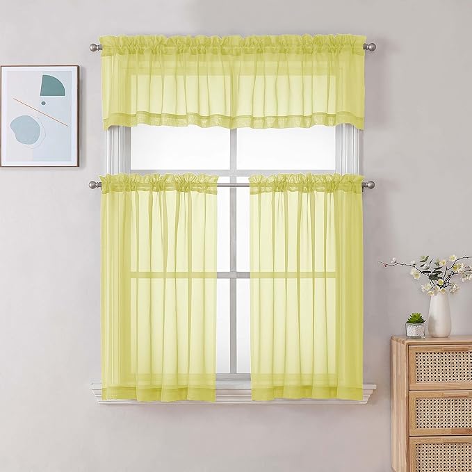 Chyhomenyc Lemon Sheer Curtains 30 inch Length 2 Panels, Light Filtering Voile Rod Pocket Short Window Curtians for Bathroom Living Room Farmhouse Small Windows, 42Wx30L inches