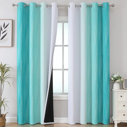 Estelar Textiler Teal and Greyish White Ombre Blackout Curtains 90 Inch Length 2 Panels Set, Thermal Insulated Drapes for Bedroom,Full Room Darkening Grommet Gradient Curtains for Living Room,52Wx90L