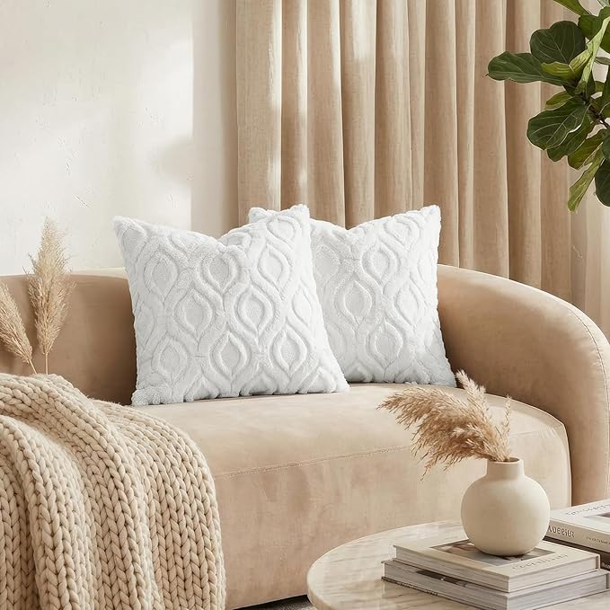 decorUhome Throw Pillow Covers 20x20 Inch Set of 2, Soft Plush Faux Wool White Solid Couch Pillow Covers, Accent Farmhouse Neutral Square Pillow Cases for Sofa Bed Living Room