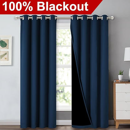 NICETOWN Moroccan Blue Full Shade Curtain Panels, Pair of Energy Smart & Noise Blocking Out Blackout Drapes for Dining Room Window, Thermal Insulated Guest Room Lined Window Dressing, 52 x 84 inch