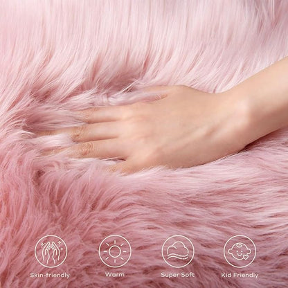 Ashler Faux Fur Area Rug - Fluffy Shaggy Sheepskin 2 x 3 Feet, Pink Fuzzy Machine Washable Shag - Nursery Decor Throw for Bedroom, Kids Room, Living Room