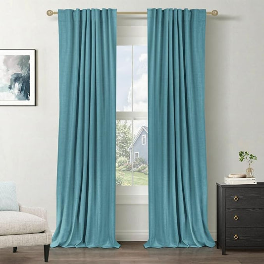 100% Blackout Shield Linen Blackout Curtains for Bedroom 96 Inches Long, Back Tab/Rod Pocket Living Room Drapes, Thermal Insulated Blackout Curtains 2 Panels Set, 50" W x 96" L, Dark Cyan
