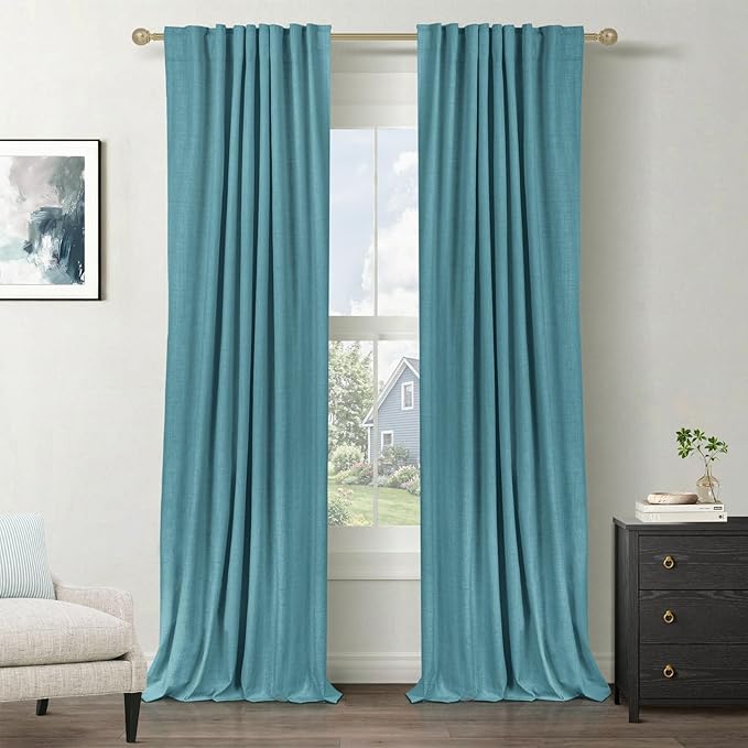 100% Blackout Shield Linen Blackout Curtains for Bedroom 90 Inches Long, Back Tab/Rod Pocket Living Room Drapes, Thermal Insulated Blackout Curtains 2 Panels Set, 50" W x 90" L, Dark Cyan