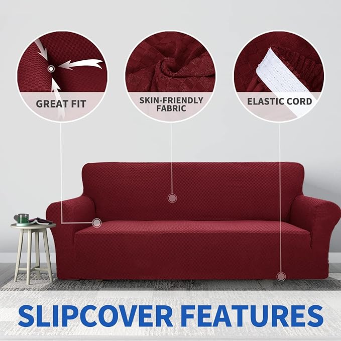 ZNSAYOTX 1 Piece Jacquard Couch Covers for 3 Cushion Couch Living Room High Stretch Sofa Cover Pets Dogs Friendly Anti Slip Thickened Slipcovers Furniture Protector (Sofa, Wine Red)