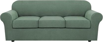 H.VERSAILTEX 4 Piece Stretch Sofa Covers for 3 Cushion Couch Covers for Living Room Furniture Slipcovers (Base Cover Plus 3 Seat Cushion Covers) Upgraded Thicker Jacquard Fabric (Sofa, Loden Frost)