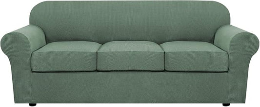 H.VERSAILTEX 4 Piece Stretch Sofa Covers for 3 Cushion Couch Covers for Living Room Furniture Slipcovers (Base Cover Plus 3 Seat Cushion Covers) Upgraded Thicker Jacquard Fabric (Sofa, Loden Frost)