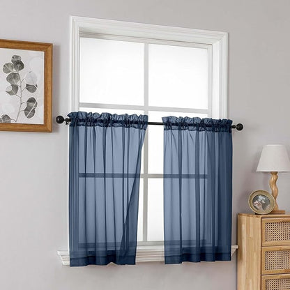 Navy Blue Small Sheer Curtains Tier 24 Inches Length 2 Pieces, Light Filtering Cafe Curtains for Living Room Bathroom, Modern Window Treatments Dual Rod Pocket Panels, 2X42Wx24L Inches