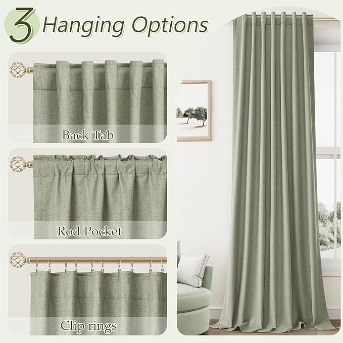 Guken Sage Green 100% Blackout Curtains 105 Inch Length 2 Panels Set for Living Room Bedroom Back Tab Thermal Insulated Black Out Linen Drapes Room Darkening Window Curtains