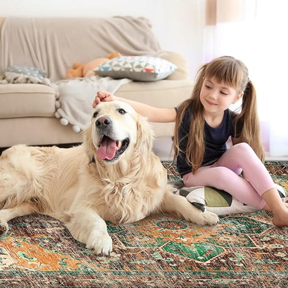 Yamaziot Washable Area Rug, 4x6 Non-Slip Boho Vintage Living Room Bedroom Rug with Rubber Backing, Low Pile Faux Wool Soft Distressed Rug Floor Carpet for Living Room, Laundry, Kids Playroom
