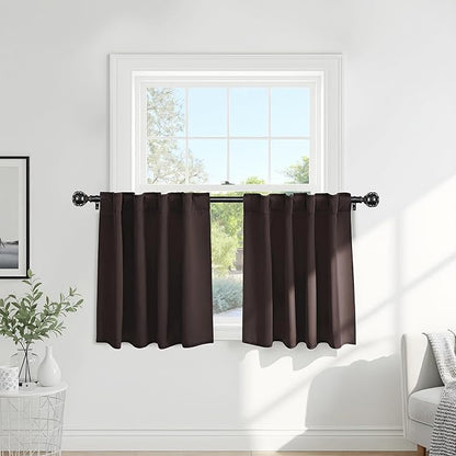 Pony Dance Short Curtains for Bathroom Window, Small Half Drapes for Kitchen Windows, Energy Saving Curtain Tiers for Basement, 29W x 30L, Brown, 2 Pieces