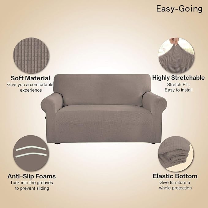 Easy-Going Stretch 4 Seater Sofa Slipcover 1-Piece Sofa Cover Furniture Protector Couch Soft with Elastic Bottom for Kids, Polyester Spandex Jacquard Fabric Small Checks Taupe