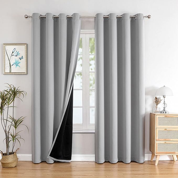ChrisDowa 100% Blackout Curtains 108 inch Long for Bedroom with Black Liner, 2 Thick Layers Total Blackout Thermal Insulated Grommet Window Curtains 2 Panels Set (Light Grey, 52 x 108 Inch)