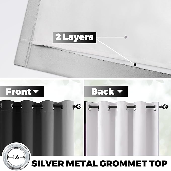 Yakamok 100% Blackout Curtains 63 Inch Length 2 Layers,Black Curtains for Bedroom Ombre Room Darkening Grommet Gradient Drapes,Light Blocking Thermal Insulated Window Curtains for Living Room