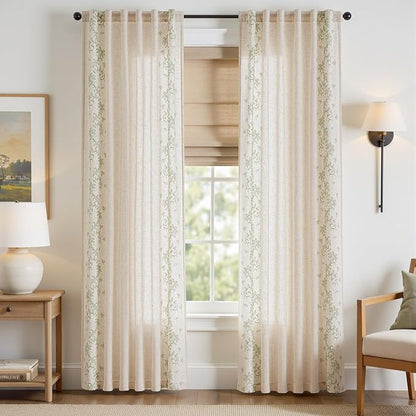 jinchan Evelyn Embroidered Linen Curtains for Living Room Elegant Farmhouse Semi Sheer Light Filtering Curtains 84 inches Long Cottage Sage Green Floral Window Drapes Rod Pocket Back Tab 2 Panels