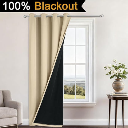 Yakamok 100% Blackout Curtains 96 Inches Long, 2 Thick Layers Heat and Full Light Blocking Soft Thermal Insulated Drapes for Bedroom(52" Wide Each Panel, Beige, 1 Panel)
