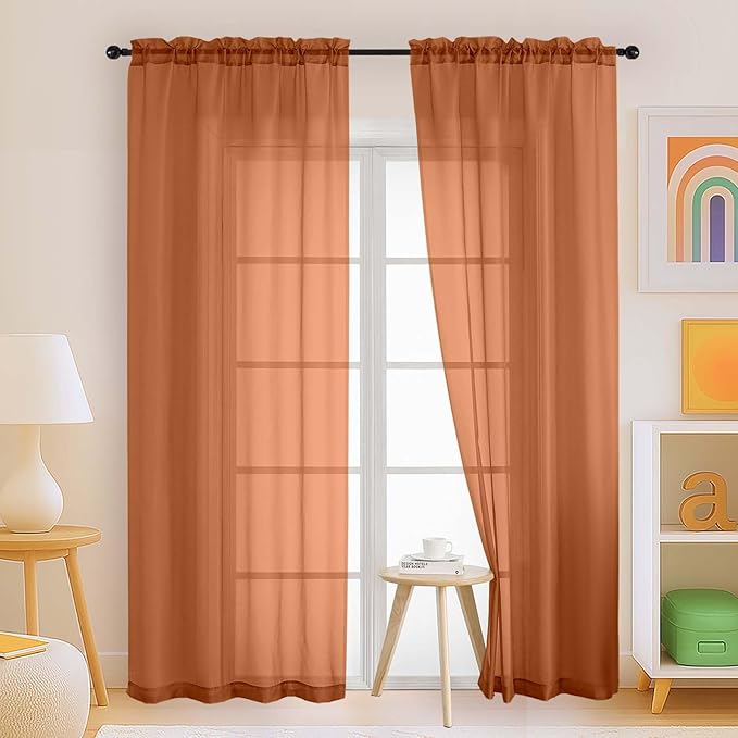 Orange Sheer Curtains 84 Inches Long 2 Panels, Elegant Airy Transparent Light Filtering Window Curtains, Window Drapes for Living Room Bedroom, Top Dual Rod Pocket Design, 2x42Wx84L Inches