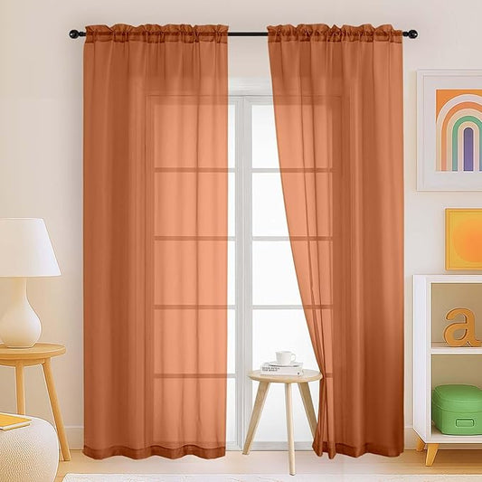 Orange Sheer Curtains 84 Inches Long 2 Panels, Elegant Airy Transparent Light Filtering Window Curtains, Window Drapes for Living Room Bedroom, Top Dual Rod Pocket Design, 2x42Wx84L Inches