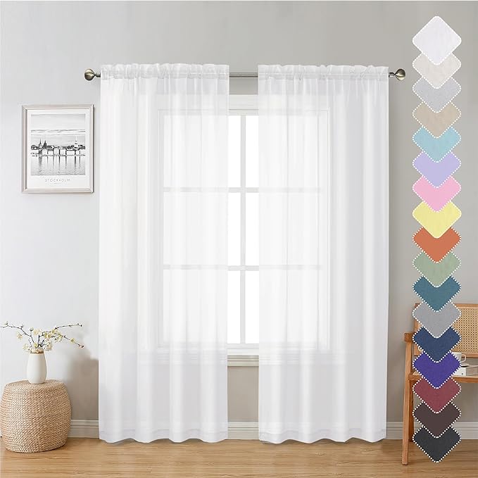 Lecloud White Sheer Curtains 72 Inches Long 2 Panels, Light Filtering Voile Drapes for Window/Door, Breathable Rod Pocket Window Treatments for Bedroom Living Room, Each 40" W x 72" L