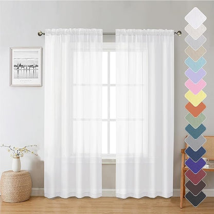 Lecloud White Sheer Curtains 72 Inches Long 2 Panels, Light Filtering Voile Drapes for Window/Door, Breathable Rod Pocket Window Treatments for Bedroom Living Room, Each 40" W x 72" L