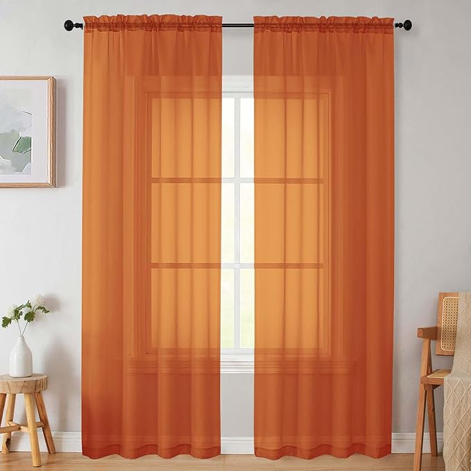 Sheer Orange Curtains for Bedroom Living Room 90 Inches Long 2 Panels Set, Soft Airy Light Filtering Sheer Window Treatments, Modern Rod Pocket Curtains Drapes, Each 42" Wx90 L Inch