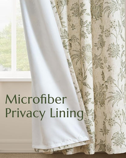 jinchan Lined Linen Floral Curtains for Living Room, 63 Inch Length Printed Flower Farmhouse Patterned French Country Back Tab Green Window Drapes Set Privacy Bedroom Curtains, 2 Panels