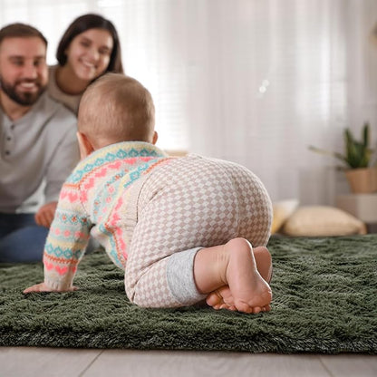 Goideal Fluffy Rug for Bedroom Living Room, 5x7 Olive Green Area Rugs, Faux Fur Shag Modern Carpet Ultra Soft Girls Boys Room Home Decor, Solid