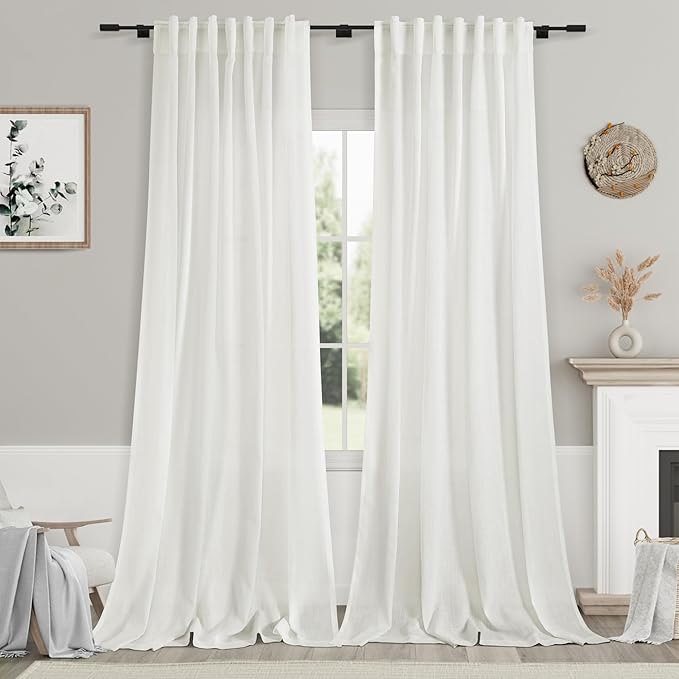 Linen Light Filtering Curtains 96 Inches Long 2 Panels Long Ivory Semi Sheer Linen Blended Window Curtains Back Tab Pocket Natural Off White Rustic Farmhouse Drapes for Living Room Bedroom 52X96