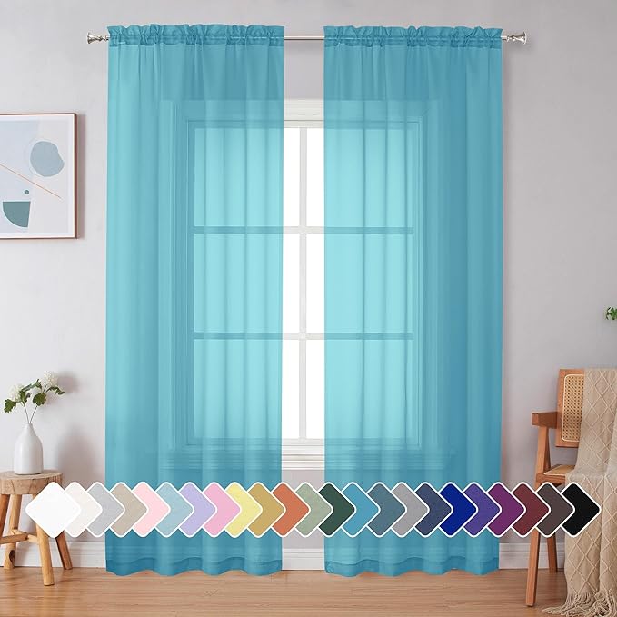 Simplebrand Turquoise Sheer Curtains 84 Inches Long 2 Panels, Light Filtering Rod Pocket Solid Color Window Sheer Curtain Panels, Elegant Curtains & Drapes for Bedroom (Turquoise, 42" W x 84" L)