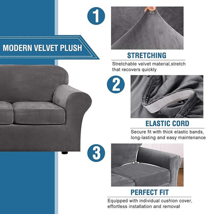 H.VERSAILTEX Rich Velvet Stretch 2 Piece Cover Chair Slipcover Sofa Cover Furniture Protector Couch Soft with Elastic Bottom Chair Couch Cover with Arms Width Up to 49 Inch(Chair,Grey)