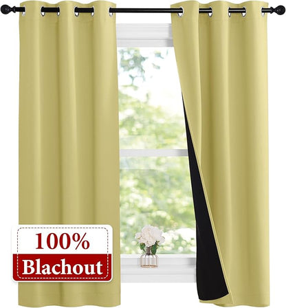 NICETOWN 100% Blackout Short Curtains with Black Liners, Solid Thermal Insulated Full Blackout 2-Layer Lined Drapes, Energy Efficiency Window Drapes for Bedroom (2 Panels, 37"W by 63"L, Paler Yellow)
