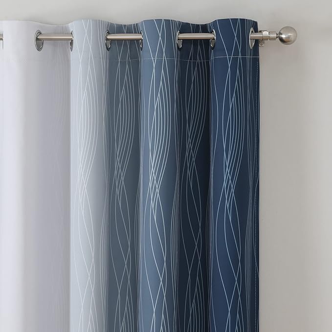 Estelar Textiler Greyish White and Navy Blue Blackout Curtains 96 Inches Long, Ombre Thermal Insulated Noise Reducing Blackout Drapes for Bedroom, Full Room Darkening Grommet Curtains,52Wx96L,2 Panels