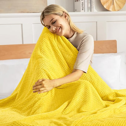 Exclusivo Mezcla Fleece Bed Blanket Twin Size, Super Soft and Warm Blankets for Couch, Sofa and Bed Waffle Textured, Cozy, Fuzzy and Lightweight (Vibrant Yellow, 90x66 Inches)