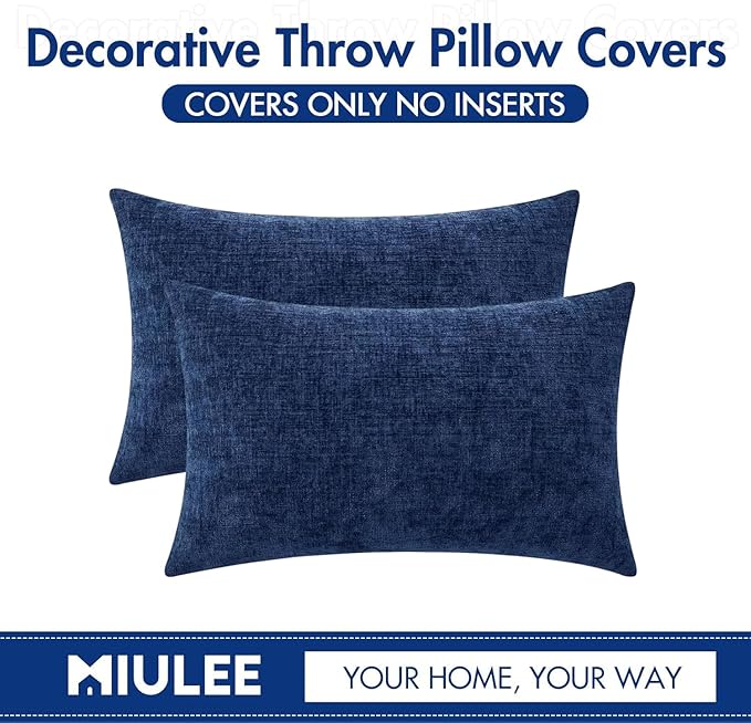 MIULEE Pack of 2 Couch Throw Pillow Covers 12x20 Inch Spring Soft Navy Chenille Lumbar Pillow Covers for Sofa Living Room Solid Dyed Cases