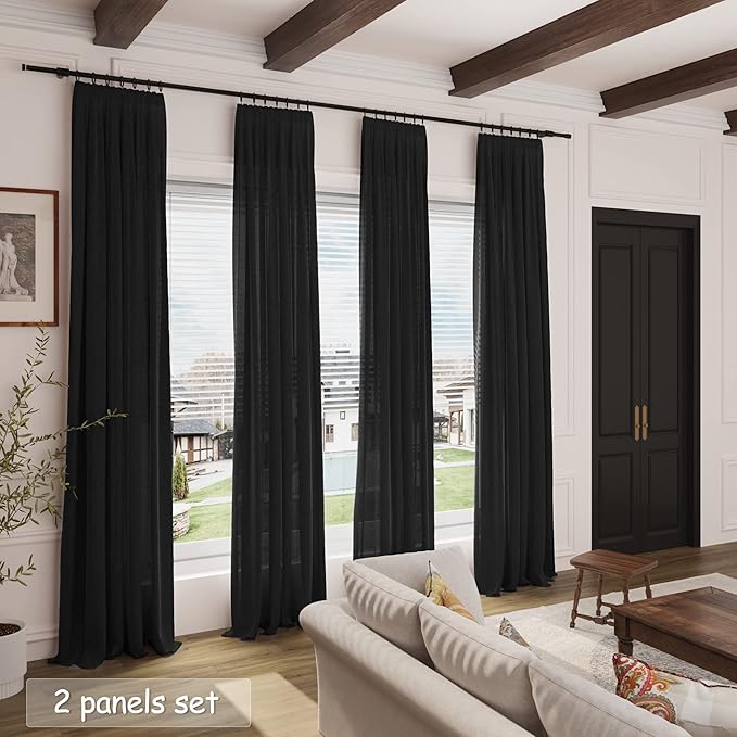 Nanspring Black Short Linen Textured Curtains 40 Inches Long 2 Panels Set for Bedroom Small Window Curtain Back Tab Rod Pocket Semi Sheer Light Filtering Drapes for Kitchen Cafe Living Room W52xL40