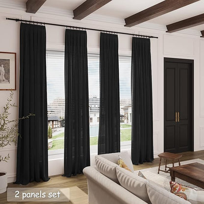 Nanspring Black Sheer Linen Curtains for Bedroom 64 Inches Long 2 Panel Sets See Through Light Filtering Back Tab Rod Pocket Short Linen Drapes for Living Room Kitchen Simple Modern Decor W52xL64