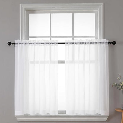 Chyhomenyc White Sheer Curtains 30 inch Length 2 Panels, Light Filtering Voile Rod Pocket Short Window Curtians for Bathroom Living Room Farmhouse Small Windows, 42Wx30L inches