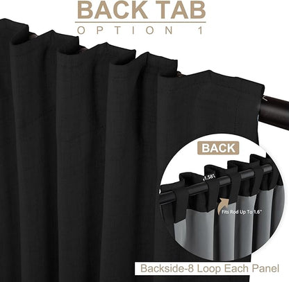 100% Blackout Shield Linen Blackout Curtains for Bedroom 96 Inches Long, Back Tab/Rod Pocket Living Room Drapes, Thermal Insulated Blackout Curtains 2 Panels Set, 50" W x 96" L, Black