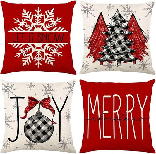 ONFAON Christmas Decorations - Christmas Pillow Covers 18x18 Set of 4,Farmhouse Christmas Throw Pillow Covers Set for Home Bedroom Sofa Couch