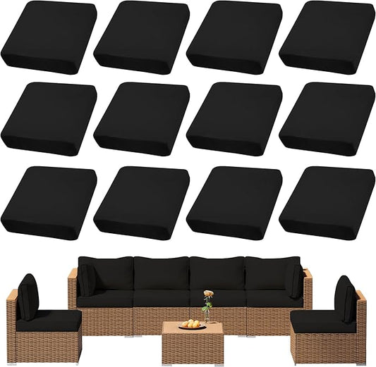 12Pcs Outdoor Cushion Covers, Patio Cushion Covers,Stretch Elastic Slipcovers, Replacement Washable & Reusable Furniture Protector for Patio Couch (Black,Cover Only)