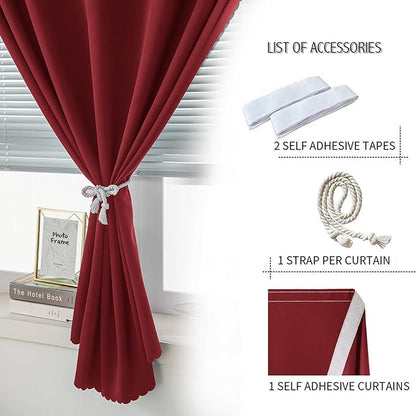 Self Adhesive Curtains, Stick Curtain Blackout Shades Window Cover Curtains for Living Room No Drilling, 47" W X 59" L, Burgundy, 1 Panel