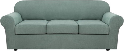 H.VERSAILTEX 4 Piece Stretch Sofa Covers for 3 Cushion Couch Covers for Living Room Furniture Slipcovers (Base Cover Plus 3 Seat Cushion Covers) Upgraded Thicker Jacquard Fabric (Sofa, Sage)