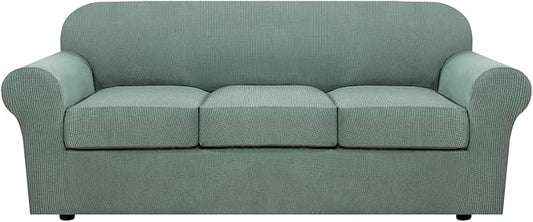 H.VERSAILTEX 4 Piece Stretch Sofa Covers for 3 Cushion Couch Covers for Living Room Furniture Slipcovers (Base Cover Plus 3 Seat Cushion Covers) Upgraded Thicker Jacquard Fabric (Sofa, Sage)