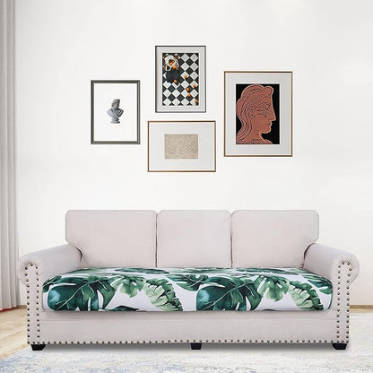 hyha Printed Couch Cushion Covers, Floral Sofa Covers Washable for 3 Cushion Couch, Stretch Pattern Outdoor Cushion Covers for Patio Furniture with Elastic Bottom(Large, Monstera Deliciosa)