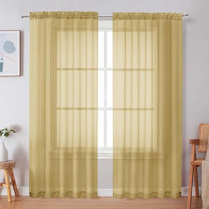 Simplebrand Gold Sheer Curtains, 72" Length, 2 Panels Set - Light Filtering, Rod Pocket Window Curtains for Bedroom (Gold, 59" W x 72" L)