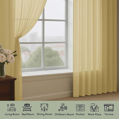 OWENIE Sheer Curtains 84 Inches Long 2 Panels Set, Sheer Gold Curtains for Living Room Bedroom 59 Inch Extra Wide, Modern Voile Filmy Rod Pocket Drapes, 2 Pcs, Each 59 W x 84L, Gold