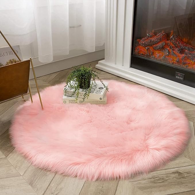 Latepis Pink Circle Round Rug 3ft Faux Fur Sheepskin Rugs for Living Room Fuzzy Rugs for Teen Girls Bedroom Teen Room Dorm Cute Rug Room Décor