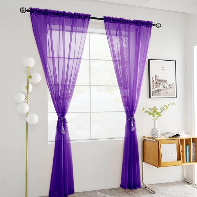 youleyar Solid Sheer Rod Pocket Curtain Voile Draperies 2 Panels White Beige Black Grey Coffee 52 Inch Width 108 Inch Long 1 Pair for Kitchen Bedroom Children Living Room Yard (Purple,52Wｘ108L)