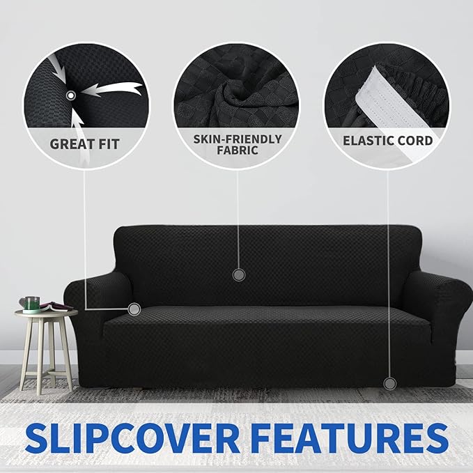 ZNSAYOTX 1 Piece Jacquard Couch Covers for 3 Cushion Couch Living Room High Stretch Sofa Cover Pets Dogs Friendly Anti Slip Thickened Slipcovers Furniture Protector (Sofa, Black)